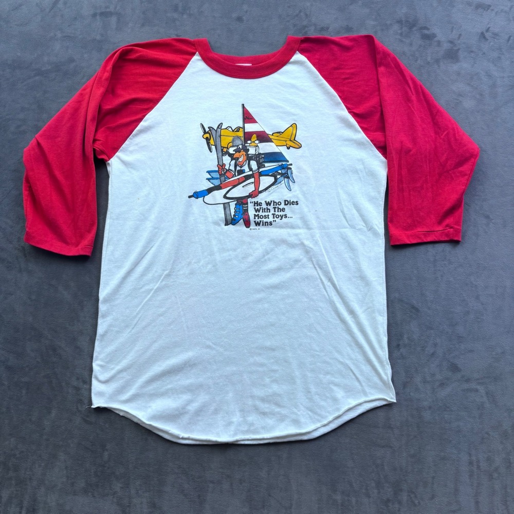 Vintage 1985 Rick Tees Most Toys Wins Raglan Shirt XL Red White Made in USA 80s